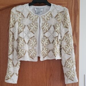 Adrianna Papell Ivory and Gold Embroidery Silk Beaded Jacket Sz. PL